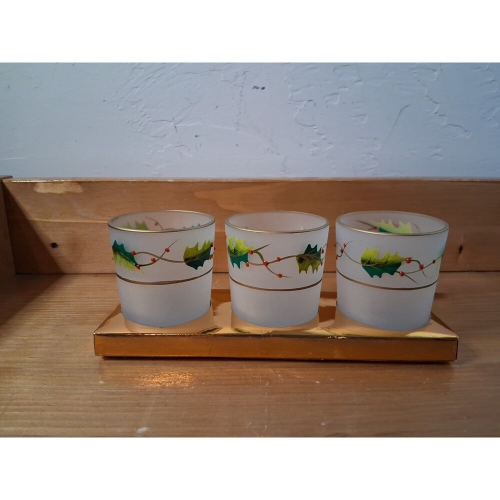 Candle Holder Holiday Votive Holly Berries Tea Light Lot 3 Hand Painted Frosted